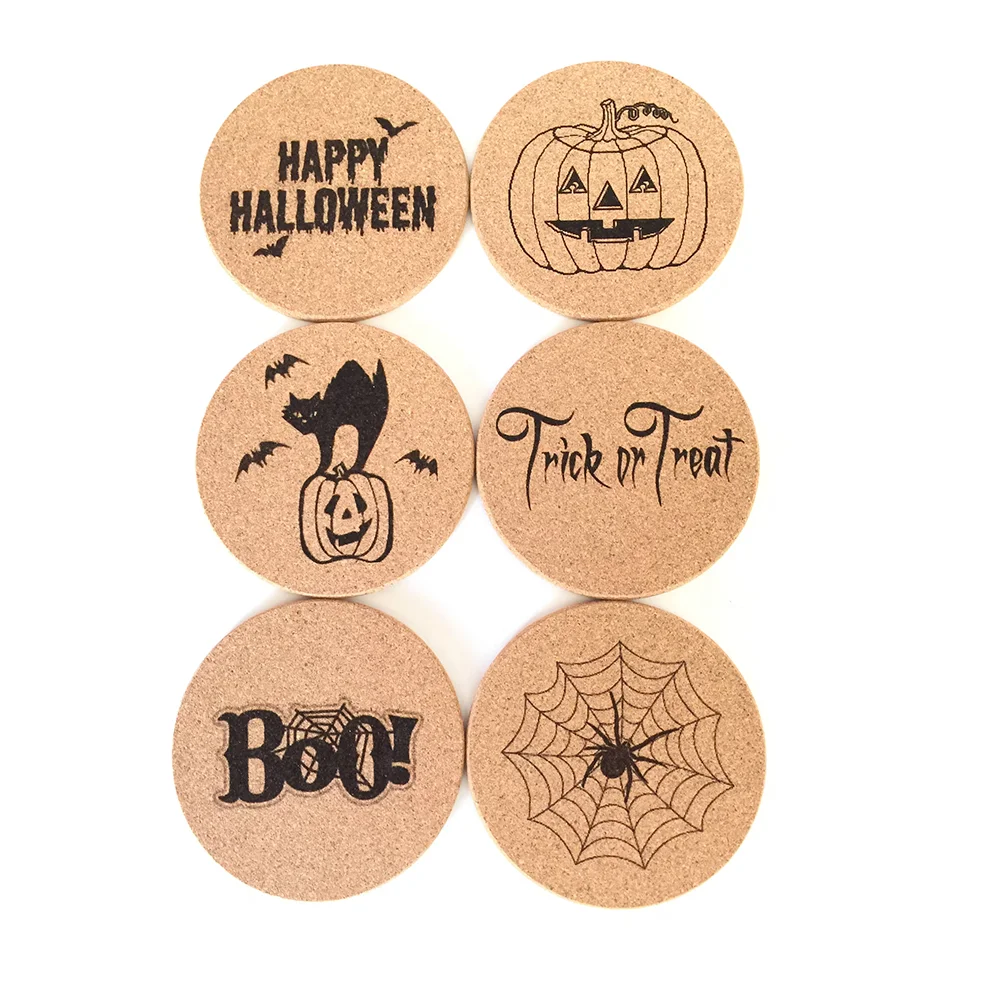 6Pcs Halloween Cork Coasters Pumpkin Spider Trick or Treat Wood Cork Coasters Shelf Sitter Hot Pad Kitchen Table Decor Supplies