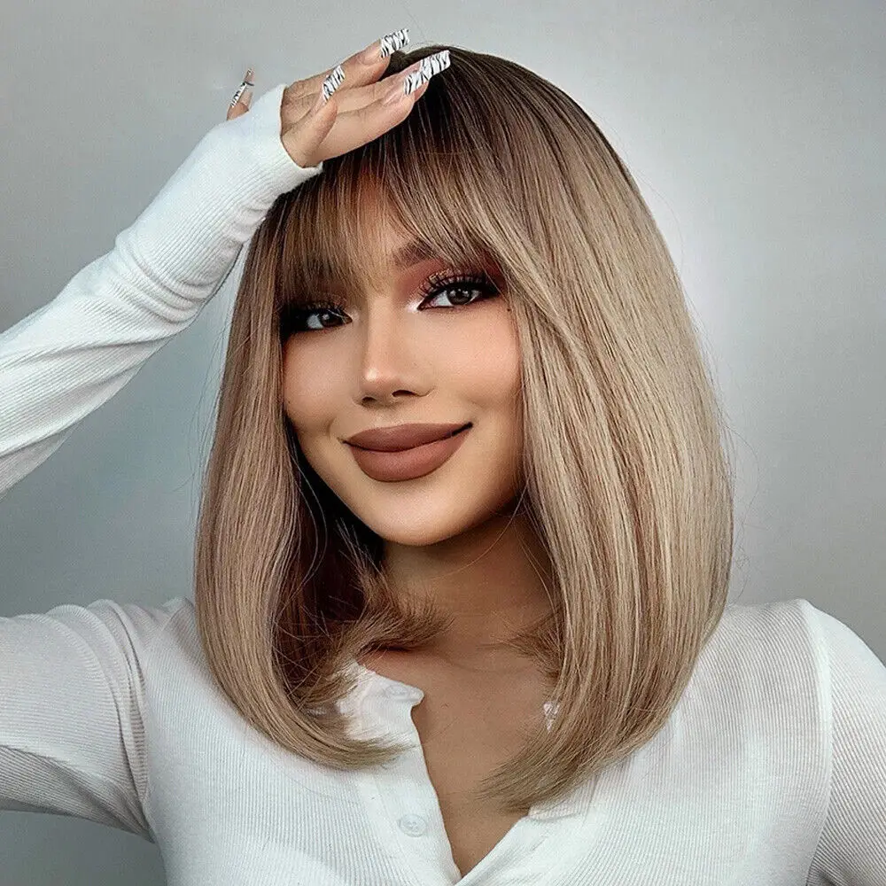 Short Straight Bob Hair with Bang Golden Brown Synthetic Heat Safe Cos Full Wig