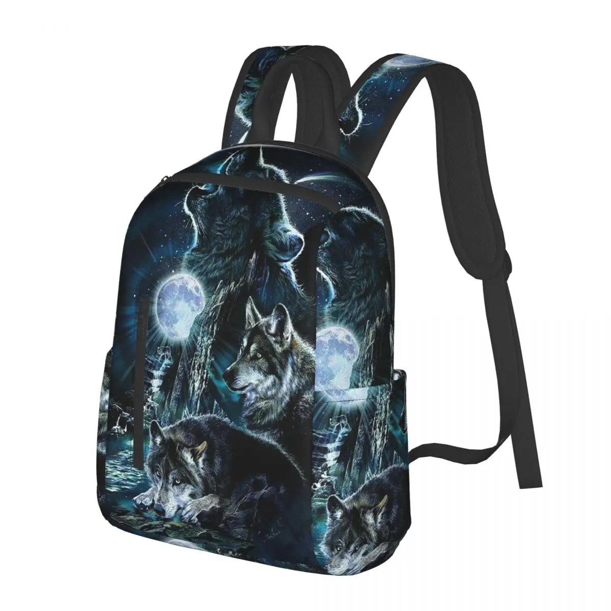 Blue Moon And Wolves Design Student Backpack School Bag Hiking Travel Daypack for Men Women Bookbag Shoulder Bags