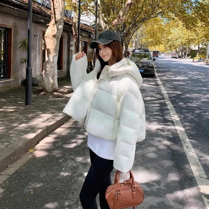 Warm Thick Hooded Quilted Puffer Coat Elastic Hem Side Pockets Windproof Boxy Silhouette Cropped Solid Tone Winter Outerwear