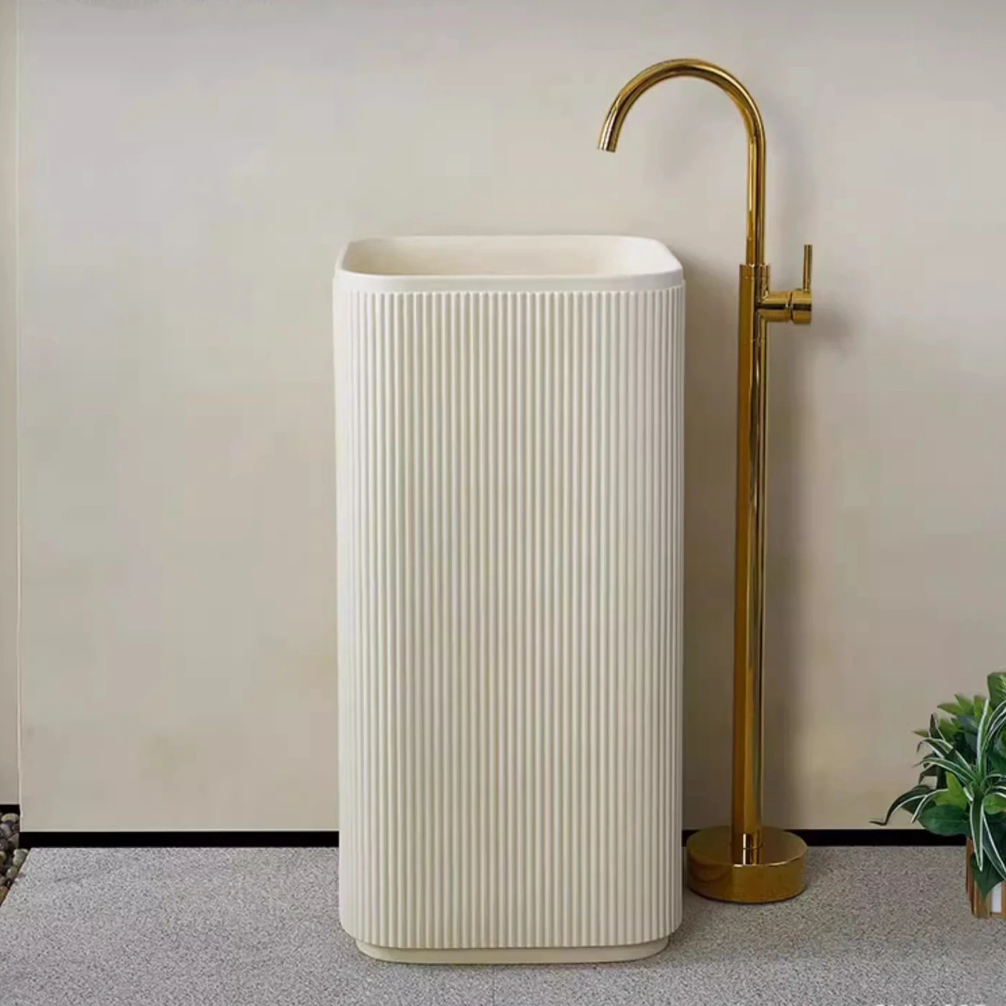 Popular Floor Standing Solid Surface Bathroom Hand Wash Basin With Pedestal Artificial Stone Freestanding Basin