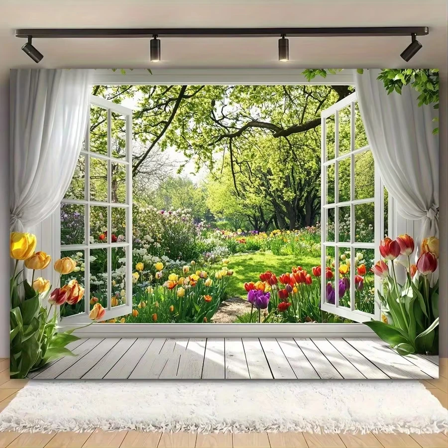 A Tapestry Of Garden Views Outside The White Windows Unique Artist Home Decoration Wall Hanging Painting Cloth Bedroom Tapestry