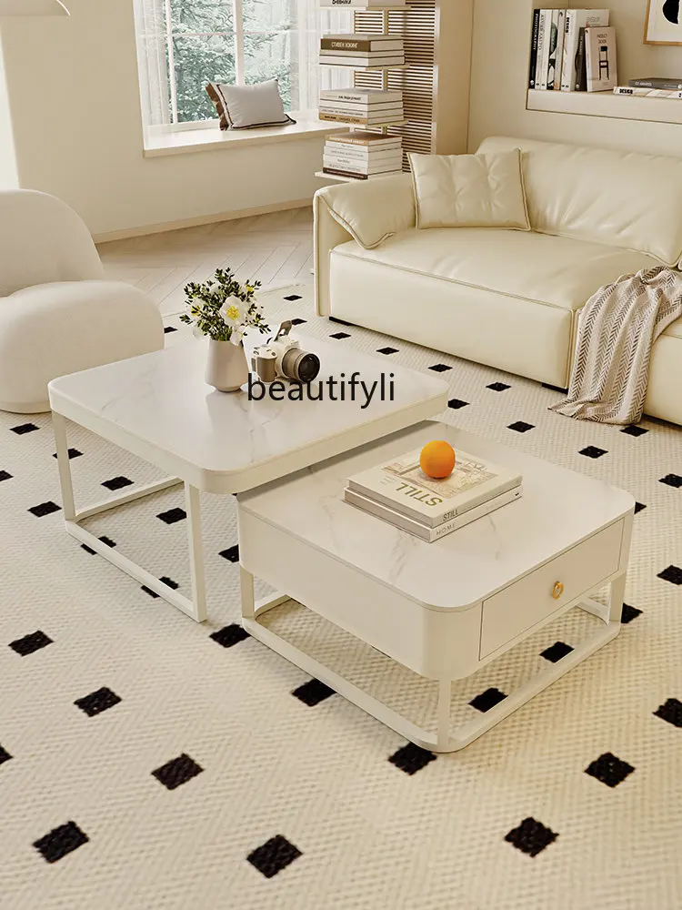 Cream Style Square White Stone Plate Coffee Table Light Luxury Modern Simple Coffee Table Living Room Home