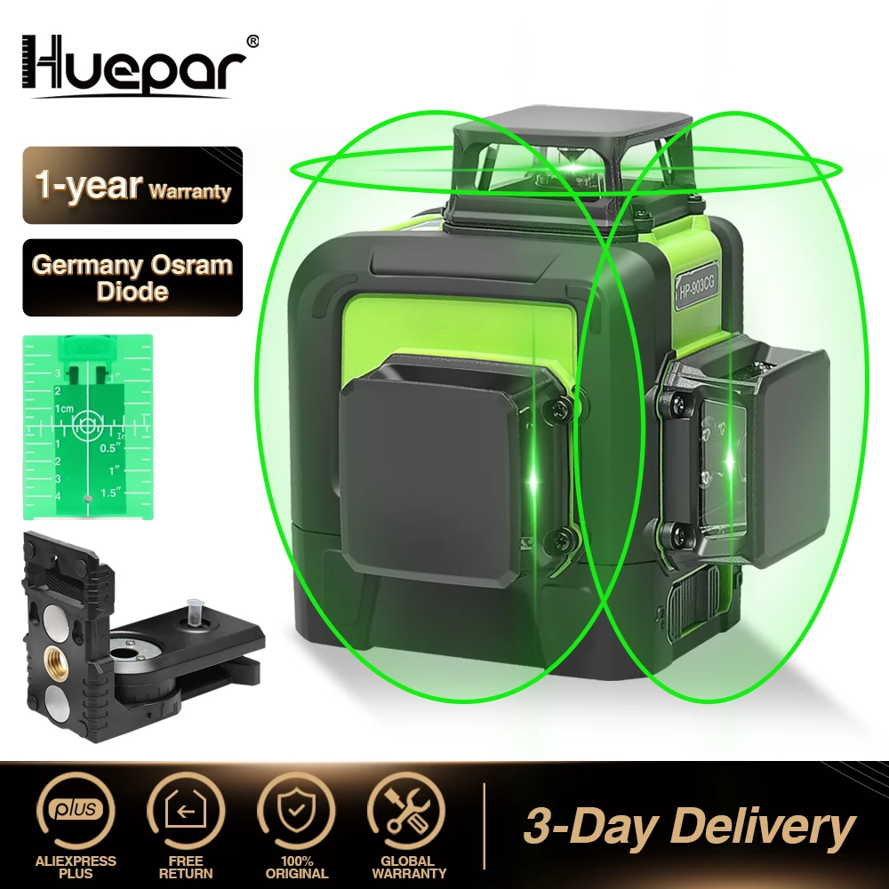 Huepar 12เส้น3D Cross Line เลเซอร์ระดับเลเซอร์ Beam Line Self-Leveling 360แนวตั้งและแนวนอน Cross super ที่มีประสิทธิภาพ