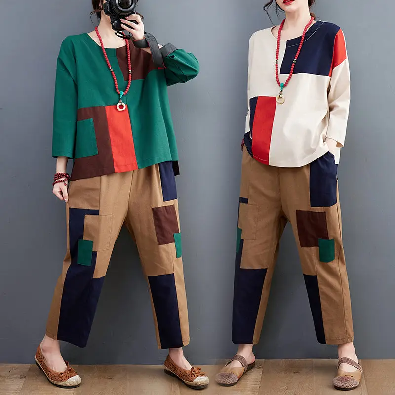 2023 Summer Suit Patchwork Cotton Linen T-Shirt Women Pants Loose Big Size Retro Two-Piece Set Casual Trousers Tracksuit Z503