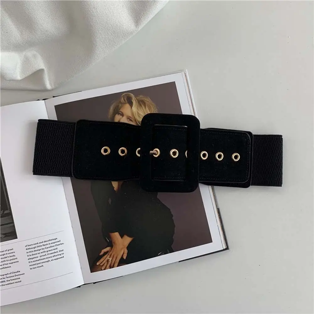 

Solid Color Geometric Pu Leather Strap Wide Waistband Metal Buckle Women Belt Cummerbunds Female Waist Strap Elastic Waist Belt