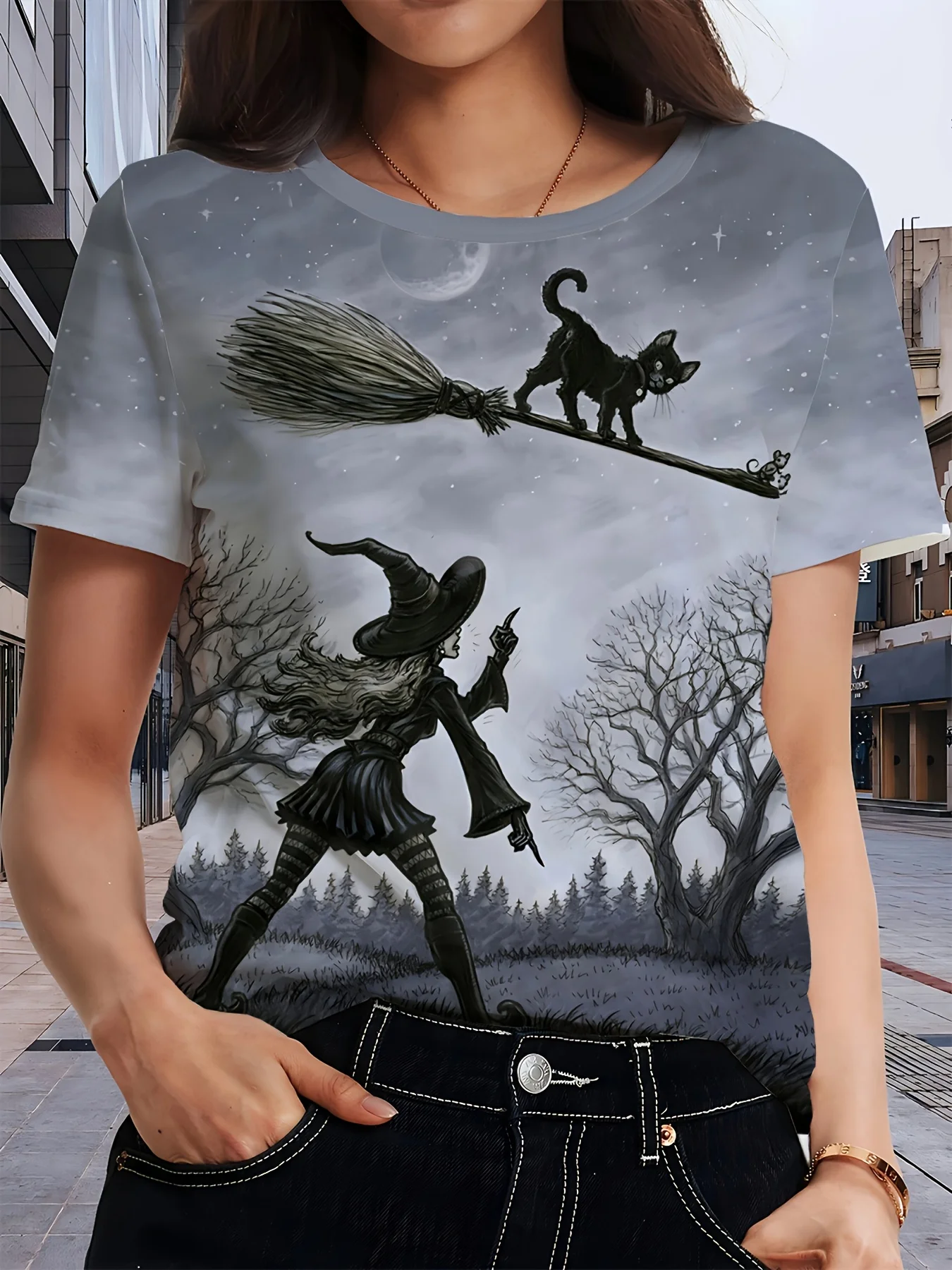 Women Halloween Witch Black Cat Broom Print T‑Shirt Moon Dead Tree Forest O‑Neck Short Sleeve Tops