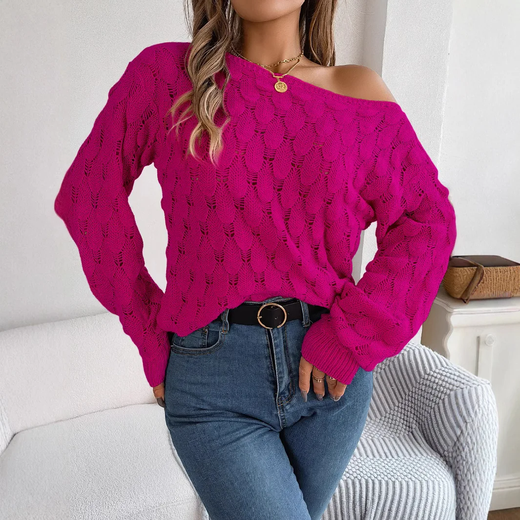 

2025 Autumn Winter Women's Sweater Tops Sweaters Women Female Casual Feather Openwork Off-the-Shoulder Lantern Sleeve Sweater