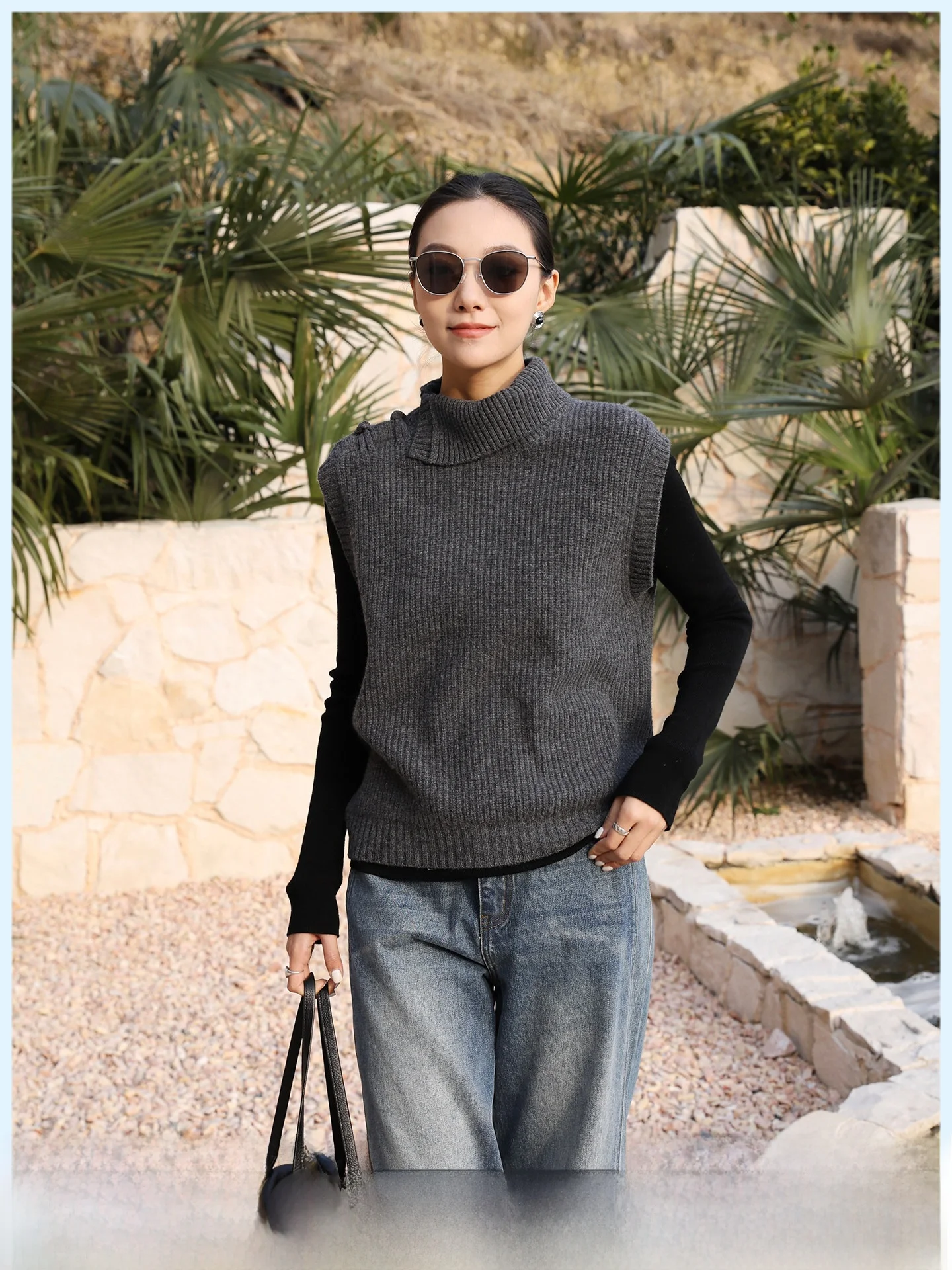 

New Chinese Sle Asymmetric Full Wool Vest Spring 2026 New Button Bal Women's Sweater Warm Outerwear Casual Commute