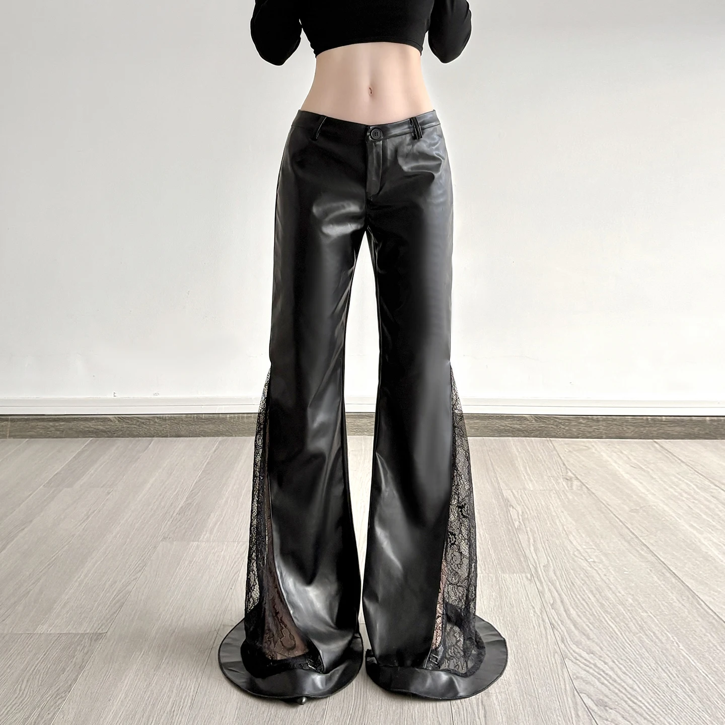 

Dark Pu Leather Patchwork Lace Pants Gothic Slim Low-Waisted Flare Pants Women 2025 Autumn Spring Fashion Y2K Streetwear Ladies