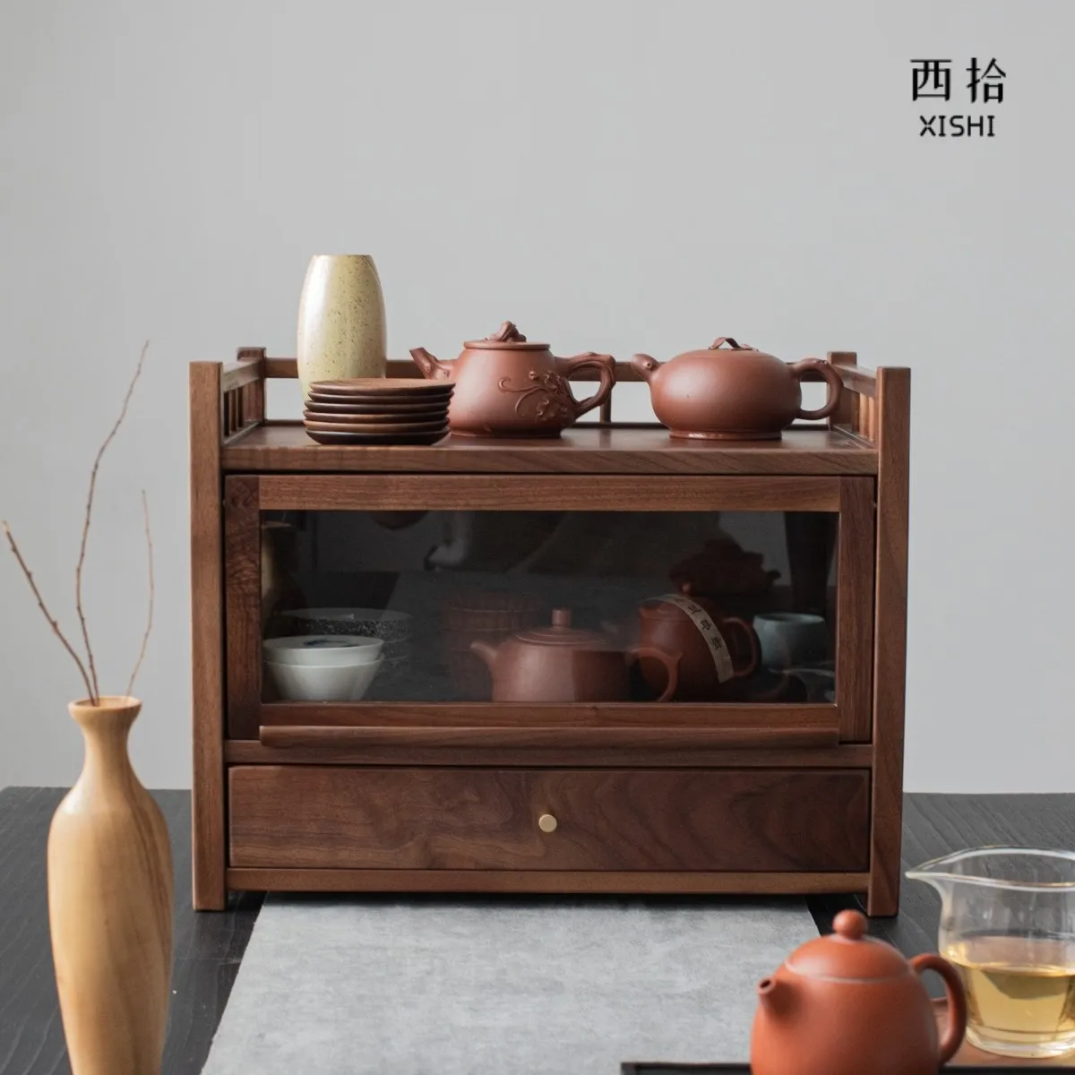 North American Black Walnut Solid Wood Desktop Storage Cabinet Tea Set Cup Shelf Countertop Glass Locker