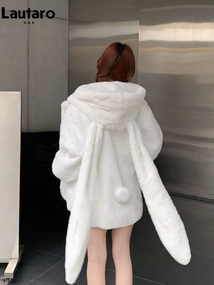 Lautaro Winter Oversized Warm White Faux Fur Coat Women ith Bunny Ears Kawaii Sweet Cute Japanese Style Fluffy Jacket Hoodie