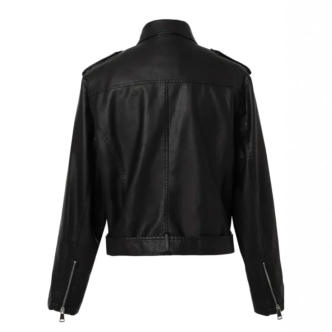 Nueva chaqueta de cuero PU diagonal para mujer para comercio exterior, traje de motociclismo retro, chaqueta de cuero con solapa negra