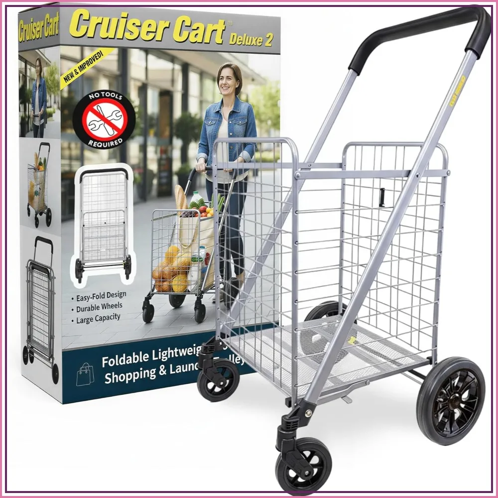 

Foldable Shopping Cart with Wheels & Brake System - Heavy Duty Utility Cart for Groceries & Laundry - Holds 100 lbs - Silver