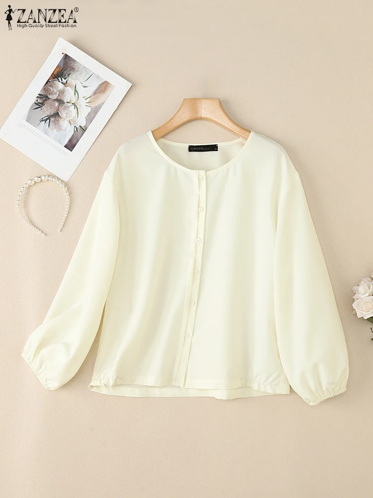 2025 ZANZEA Damskie codzienne bluzki z długim rękawem i dekoltem w serek Jesienne koszule Zapinane na guziki Eleganckie bluzki do pracy OL Damskie koszule