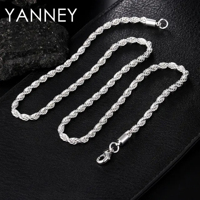 Nowy 925 Sterling Silver 8/16/18/20/22/24 cali 4MM łańcuszek linowy mężczyzna naszyjnik dla kobiet moda wesele prezent na boże narodzenie