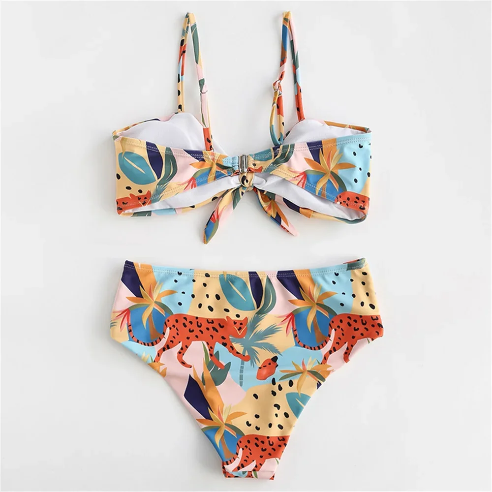 Kawaii Leopard Swimsuit Knotted Sling Bikini Y2K Print Beach Biquini Vacation Swimwear Women Bathing Swimming Suit Summer Outfit