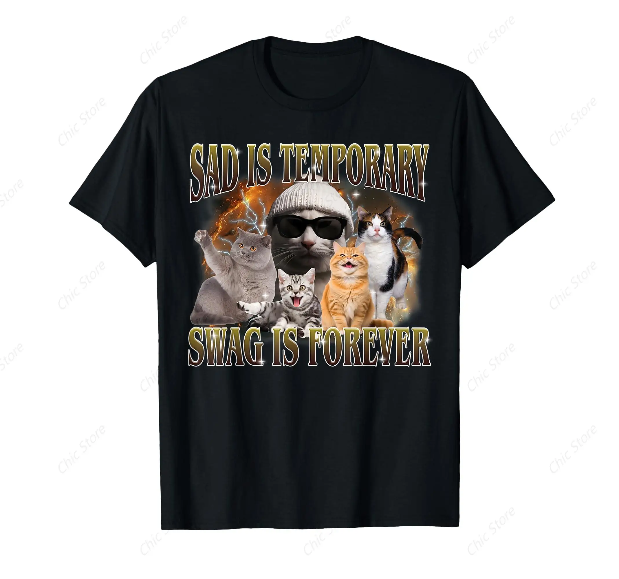 Sad Is Temporary Swag Is Forever Funny Cat Meme Silly Cat T-Shirt Cute Animal Tshirt Cotton Short Sleeves Streetwear Shirts