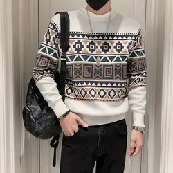 New Men's Autumn and Winter Sweatshirts Fashion Trend Casual Warm Long Sleeved Versatile Round Neck Jacquard All-match Pullovers