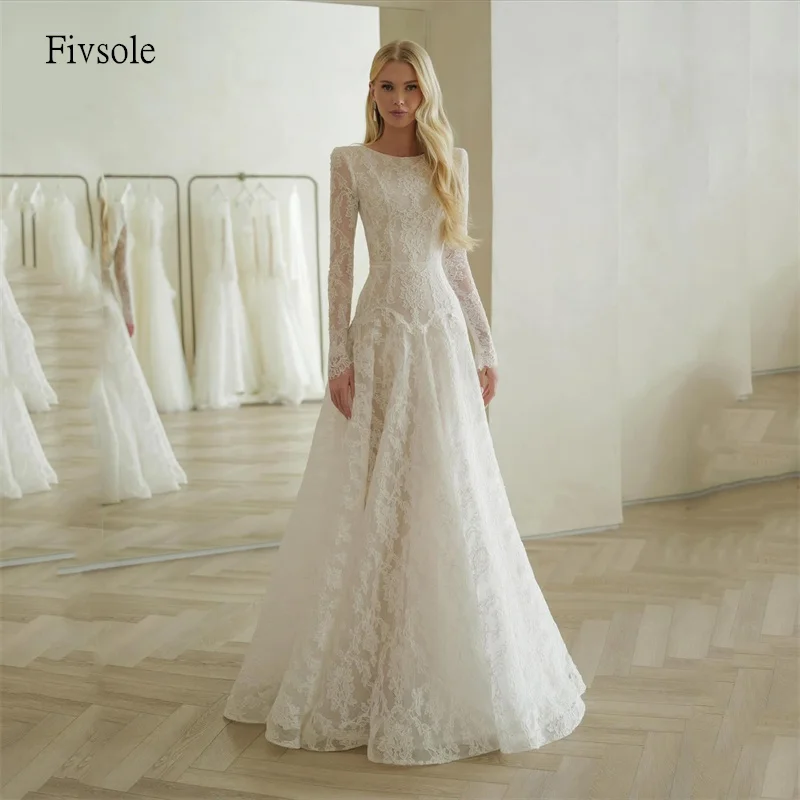 

Fivsole Modern O Neck A Line Wedding Dress Lace Long Sleeves Bride Gowns Floor Length Wedding Dress vestidos de novia Customized