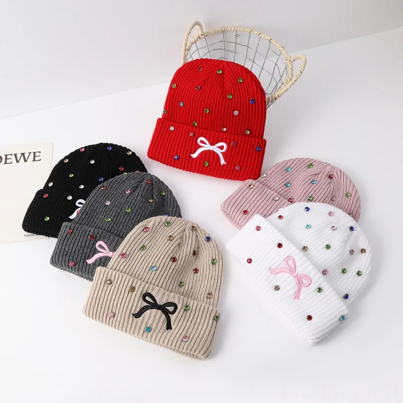 Women Knit Beanie Hat Shiny Rhinestone with Bow Embroidery Cuffed Warm Winter Cap Multiple Elastic Headwear for Daily Going‑out