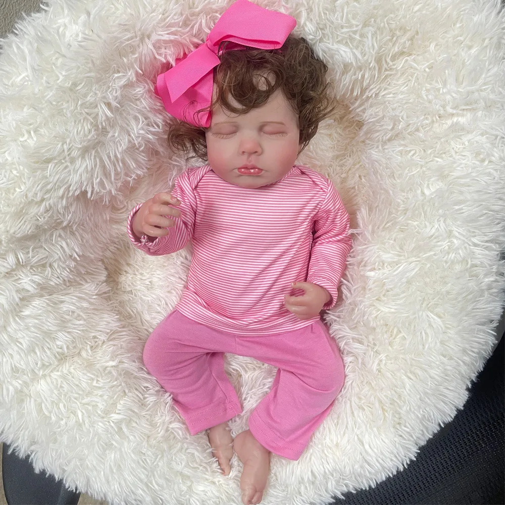 48CM Reborn Baby Dolls Sleeping Loulou with Curly Hair Sweet Baby Girl Already Painted 3D Skin with Visible Veins Same as Photos