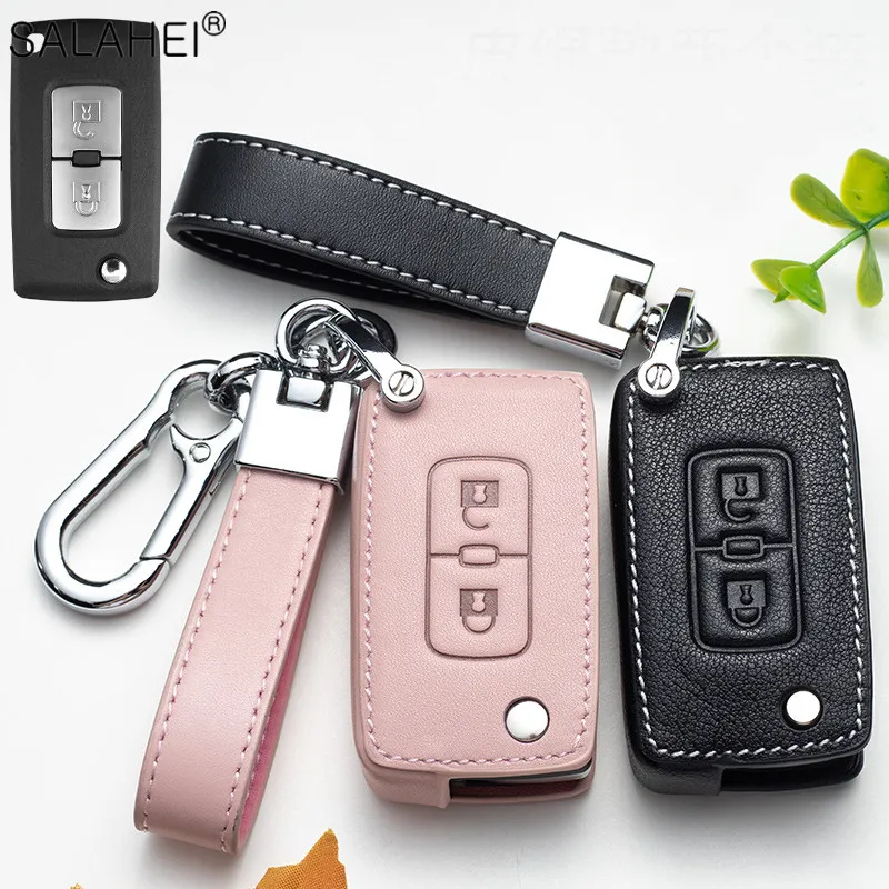 Leather Car Key Remote Cover Case For Mitsubishi Lancer 10 Outlander 3 Pajero sport Original Key Replacement Auto Accessories