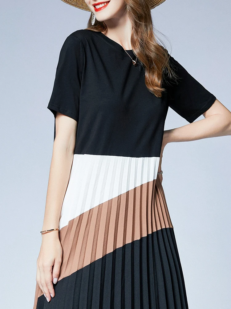 High-End plus Size Women's Summer New Loose Slimming Tummy Covering Faionable Plaid Pleated Dr Street Sle round Ne M...