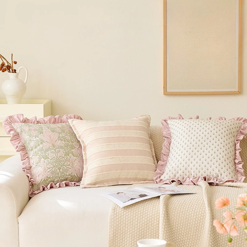 French Luxury Jacquard Cushion Cover with Embroidery Floral 45x45cm Elegant Ruffle Patchwork Sofa Pillowcase for Bedroom Decor