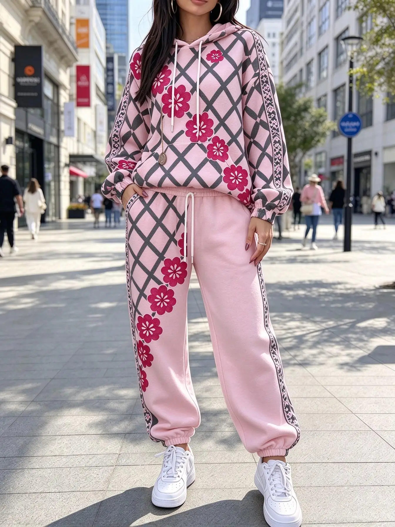 Women Grid Floral Print Hooded Tracksuit, Hoodie & Cuffed Jogger Pants 2 Piece Outfit view 3