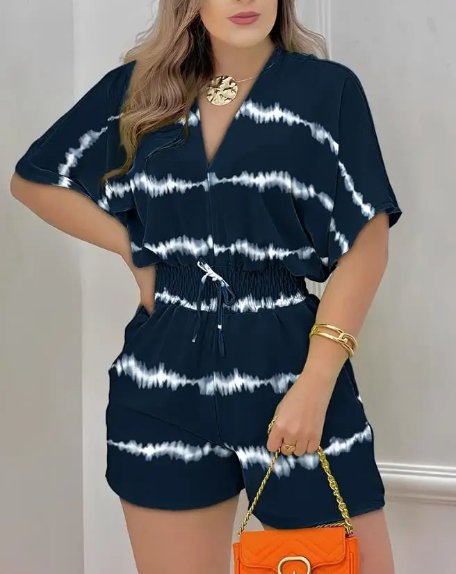 

Women's 2024 Summer Fashion Jumpsuit Tie Dyed Printed Bat Sleeve Shirt Casual V-Neck Short Sleeved Casual Jumpsuit