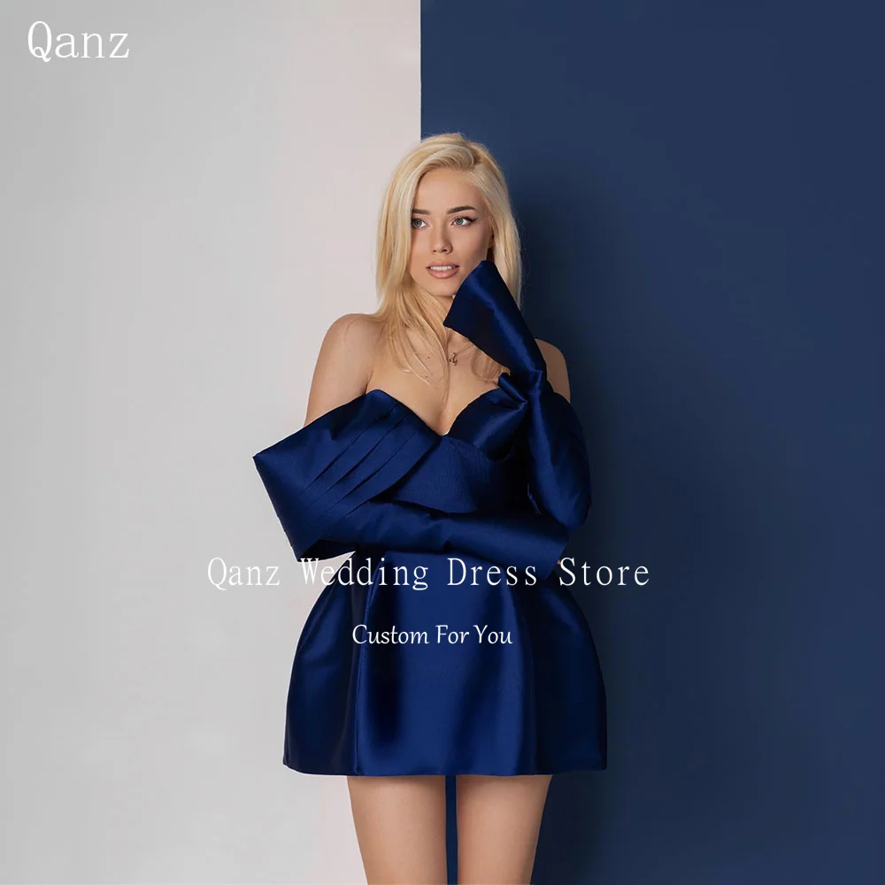 

Qanz Royal Blue Satin Prom Dress Off The Shoulder Long Sleeves Cocktail Dresses Short Sexy Birthday Outfits Women Customized
