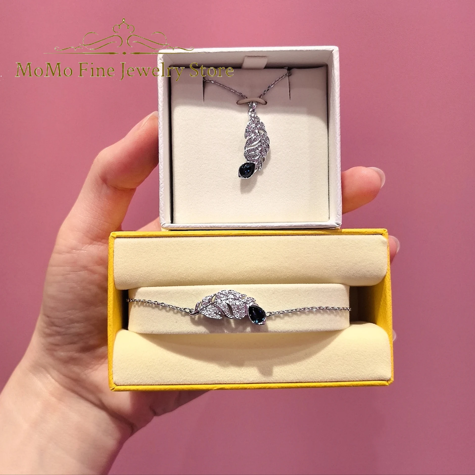 

Original 2025 New Trend Anniversary Jewelry Set Charm White Blue Feather Crystal Fashion Necklace Bracelet Brooch Gift for Women