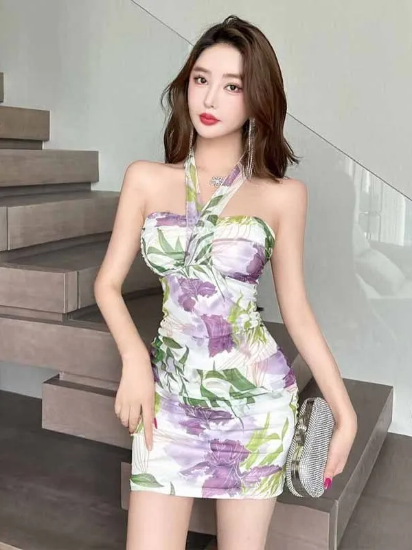 2024 Summer Spicy Girl Retro Printed Hanging Neck Off Shoulder Strapless Dress Women Cinching Waist Wrap Hip Short Dress TK96