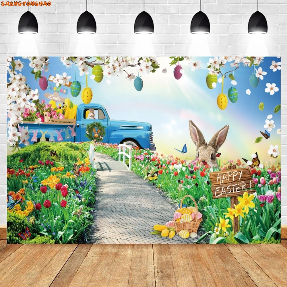 Spring Easter Photography Backdrop Happy Easter Eggs Bunny Green Grass Garden Flower Rabbit Baby Portrait Photo Background