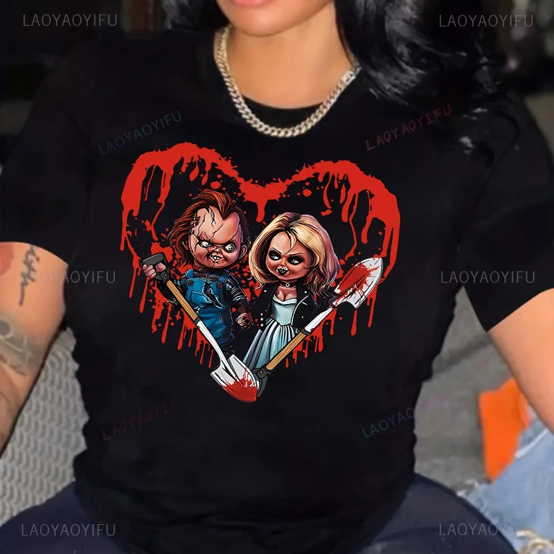 Heart  Chucky Graphic Printed T-shirt Crew Neck High Quality Cotton T-shirt Casual Short Sleeve Summer Top Women\'s Clothing