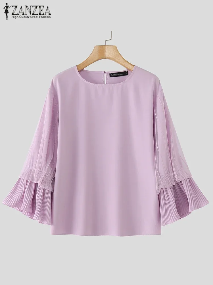 

ZANZEA 2025 Women Korean Fashion Solid Blouse Summer 3/4 Sleeve Chiffon Holiday Mesh Stitching Pleating Tops Casual Blusas Femme