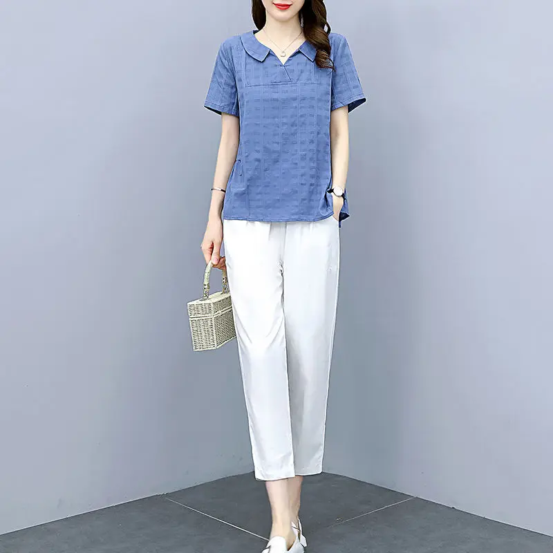 

2024 Fashion Women Summer 2 Piece Sets Female Casual Wide-leg Pants + Short Sleeve Solid Tops Ladies Cotton Linen Suits Z106