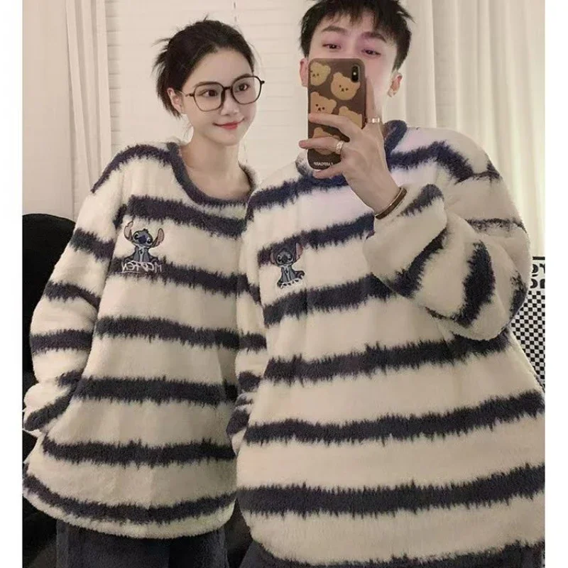 Stitch Cartoon Couple Pajamas for Men and Women Autumn and Winter with Velvet and Thick Striped Plush Home Wear Two-piece Set