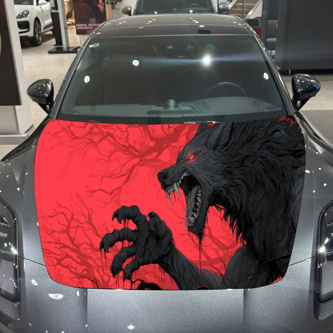 

Bloody Black Wolf Wonder Journey PVC Car Engine Hood Vinyl Wraps, Self-Adhesive Waterproof Car Hood Decal Sticker, Car Decoratio