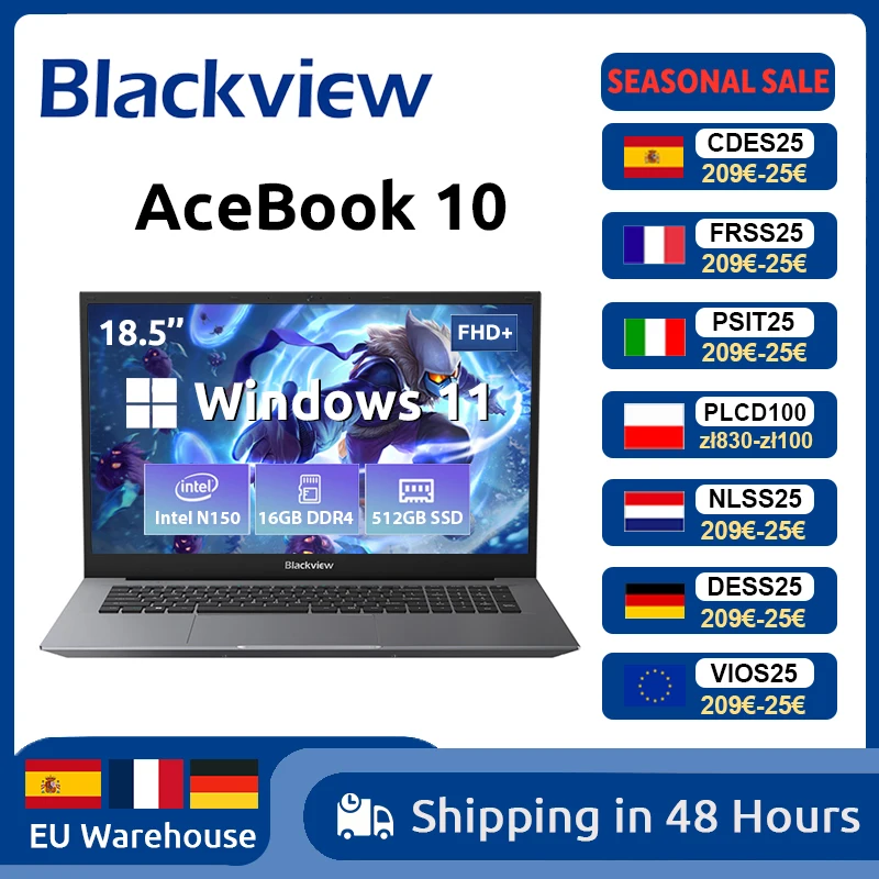 Blackview ACEBOOK 10 Computadora portátil 18,5" FHD 8000mAh Intel N150 Windows 11 16GB RAM 512GB BT5.2 WiFi 6 Notebook de escritorio