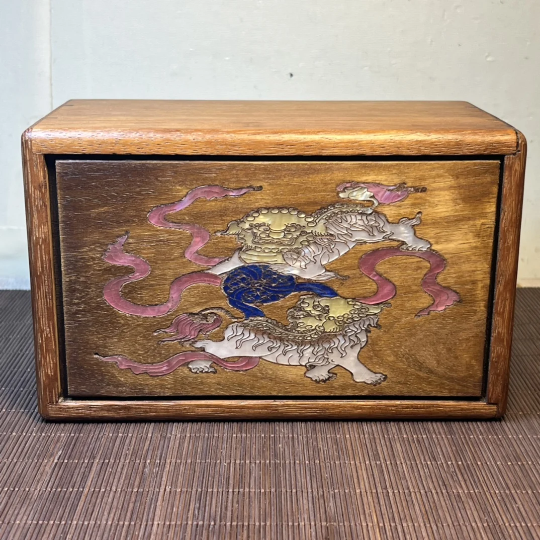 Chinese old Tibetan pear wood inlaid with shell lion rolling hydrangea figure box jewelry box gift box