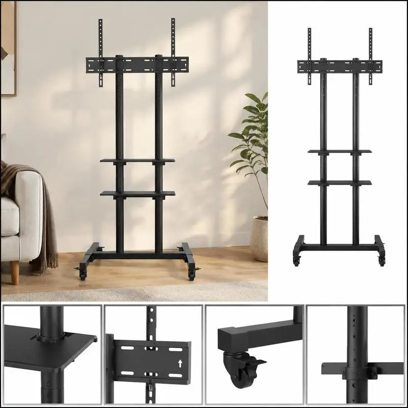 Mobile TV Stand with Tray for 32-70 Inch Screens, Adjustable Height, Rolling Media Cart for Living Room Bedroom Office, Black