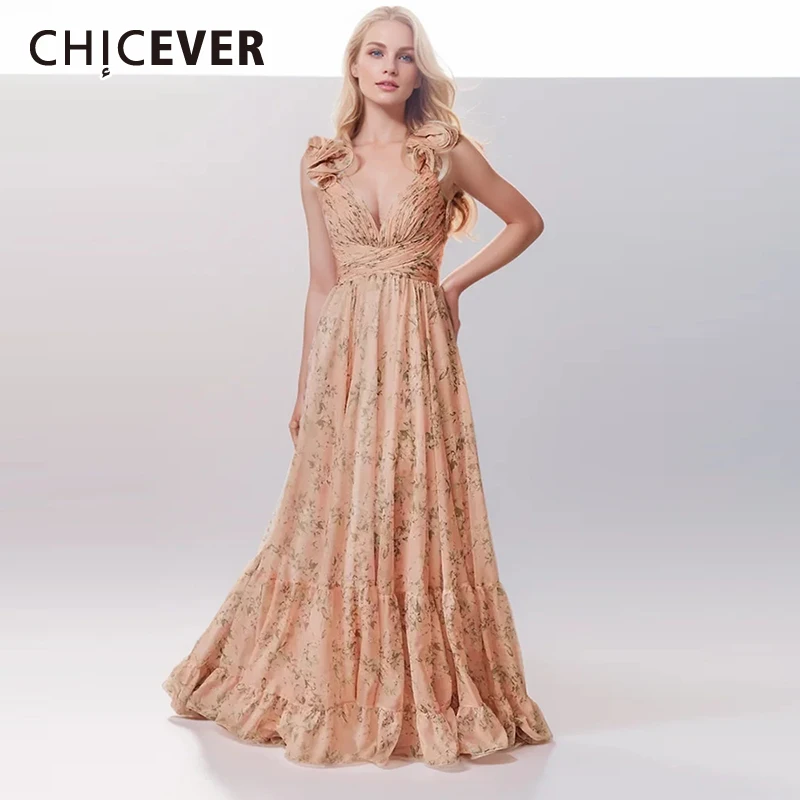 

CHICEVER Print Backless Dresses For Women V Neck Sleeveless High Waist Patchwork Appliques Hit Color Folds Long Dress Female New