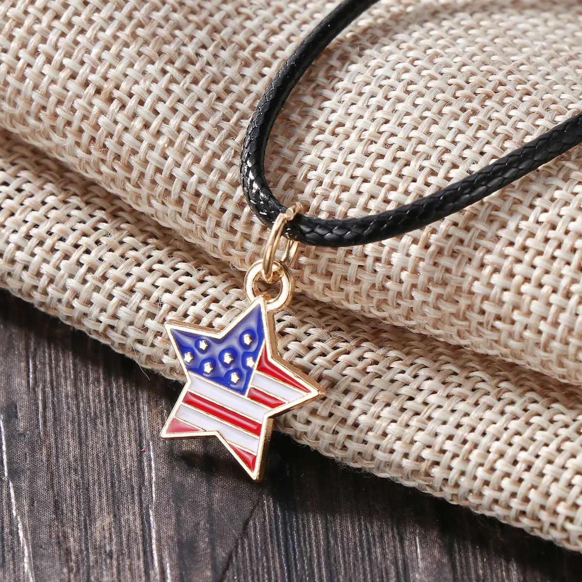6Pcs Star Pendant Necklace American Flag Pattern Premium Alloy Patriotic Jewelry Wax Rope Chain for Men Women 4Th July