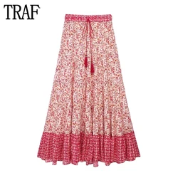 TRAF 2024 Floral Pleated Skirt Women High Waist Long Skirt Woman Tassel Beach Maxi Skirts for Women Boho Party Women's Skirts