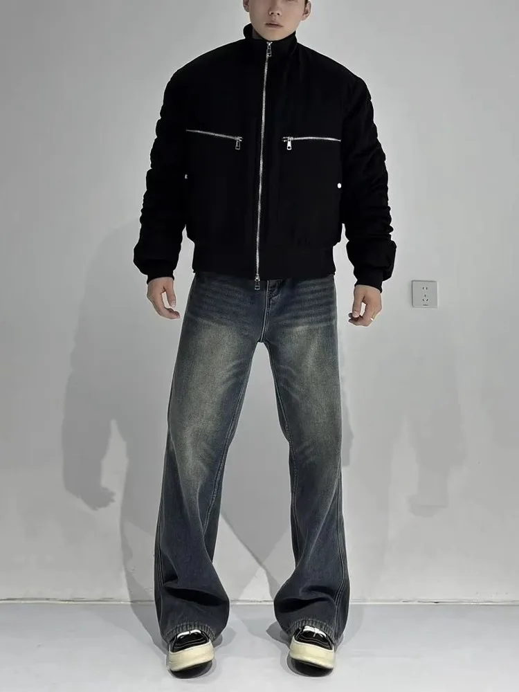 

Retro Blue Knife Men's Denim Jeans High Waist Fce Lined Straight Leg Long Trousers Winter Faion High Street Sle