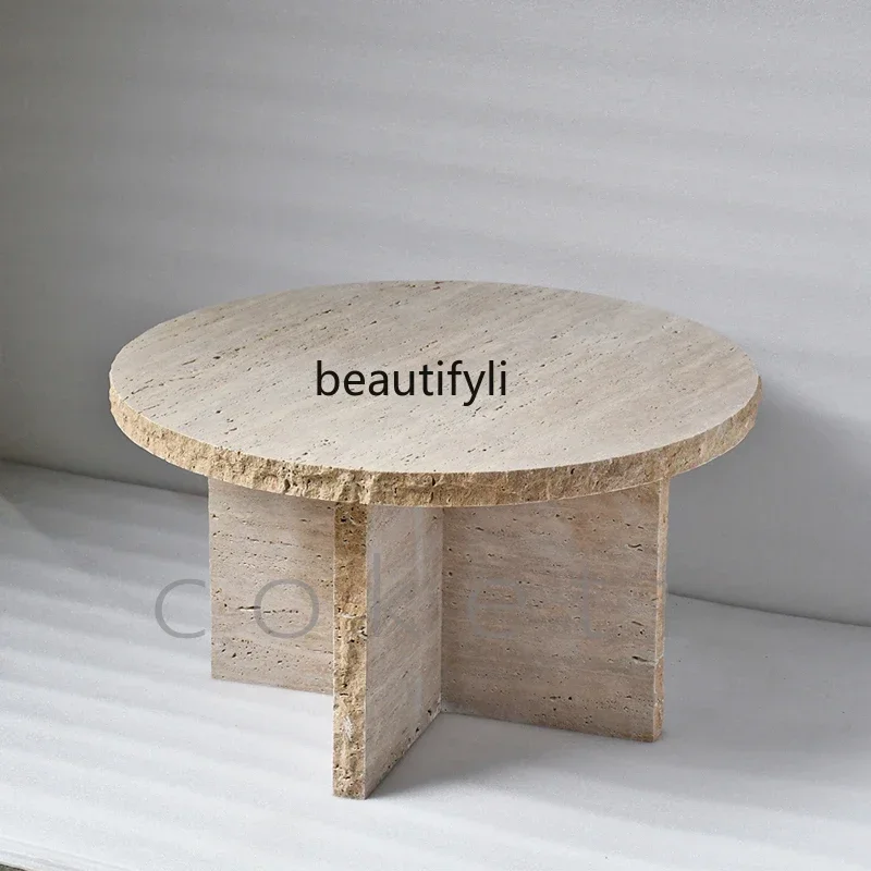 D178 H Wabi Sand Wind Designer Natural Roman Travertine Marble Living Room Round Coffee Table High-end Small Apartment Home