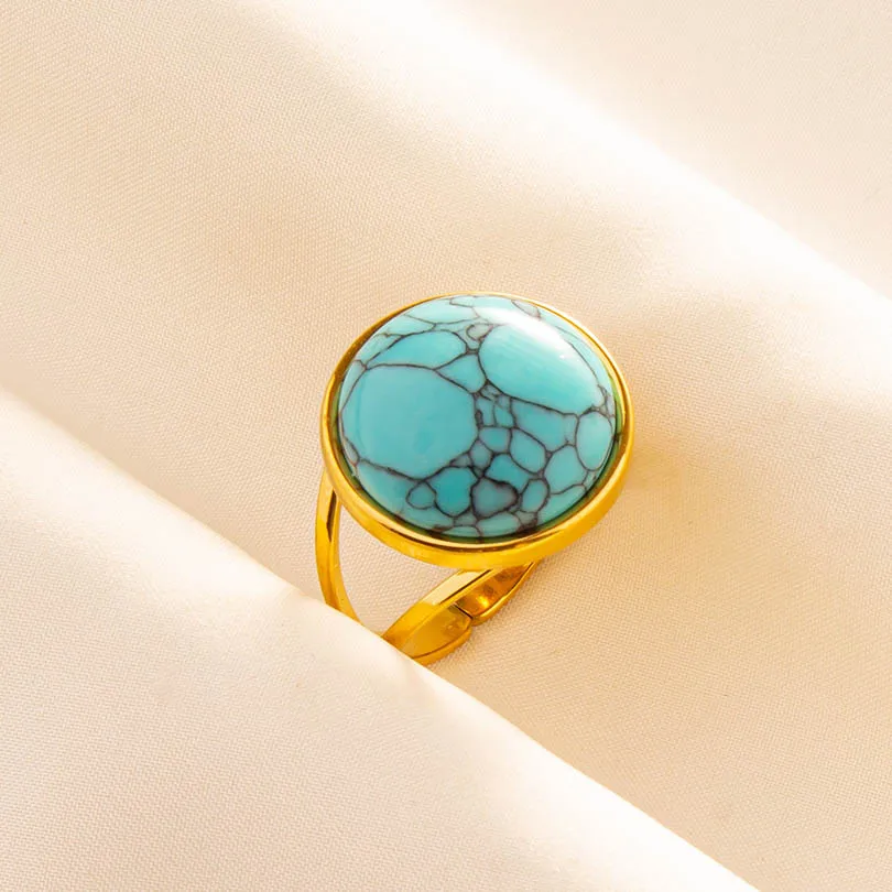 Classic Round Turquoise Stone Jewelry Simple Fashion Open Adjustable Ring No Fade Stainless Steel Rings For Women Men Anillos