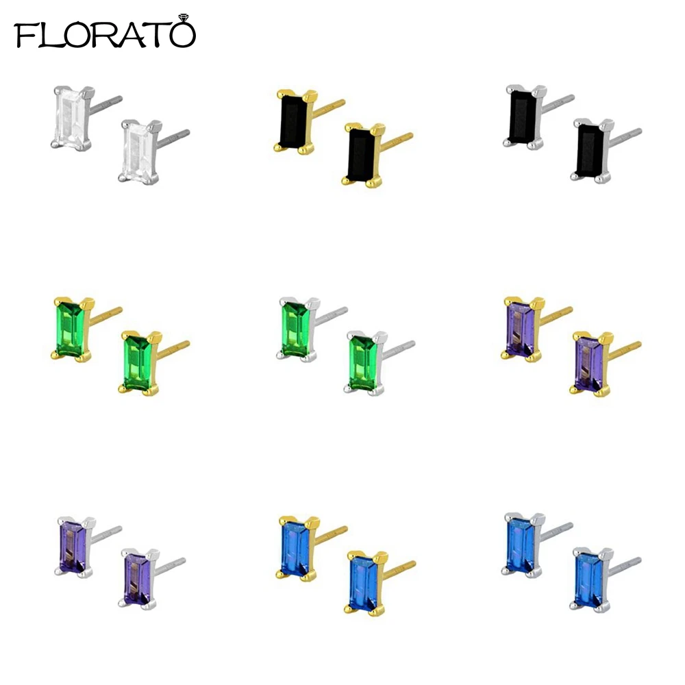 925 Sterling Silver Ear Needle Colorful Rainbow Square Stud Earrings for Women Cute Minimalist Purple/Green/Black/White Earings